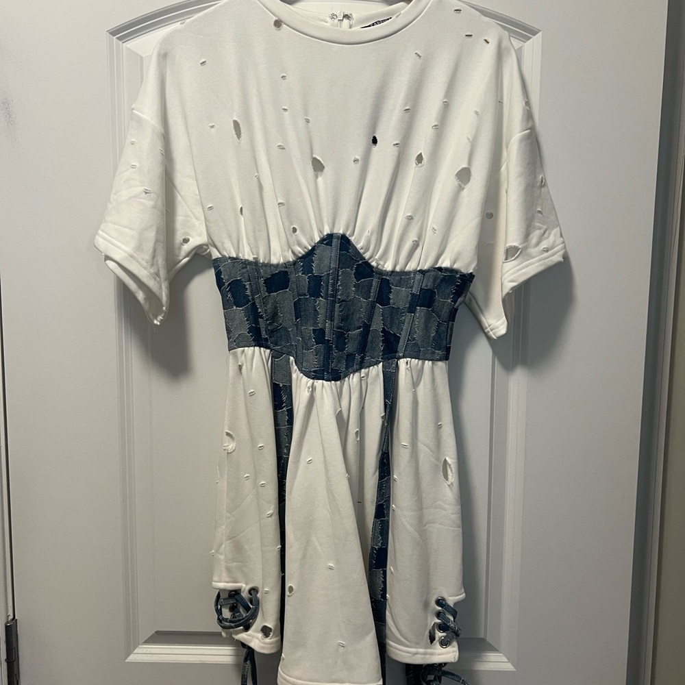 White Distressed T-Shirt with Blue Patterned Waist